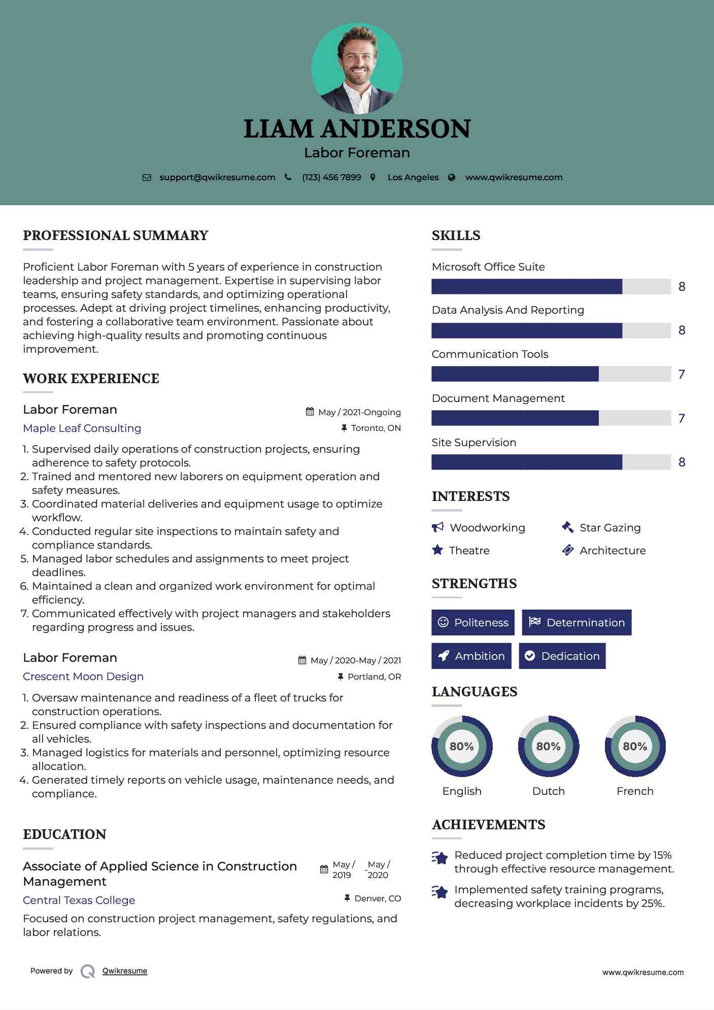 Labor Foreman Resume Sample