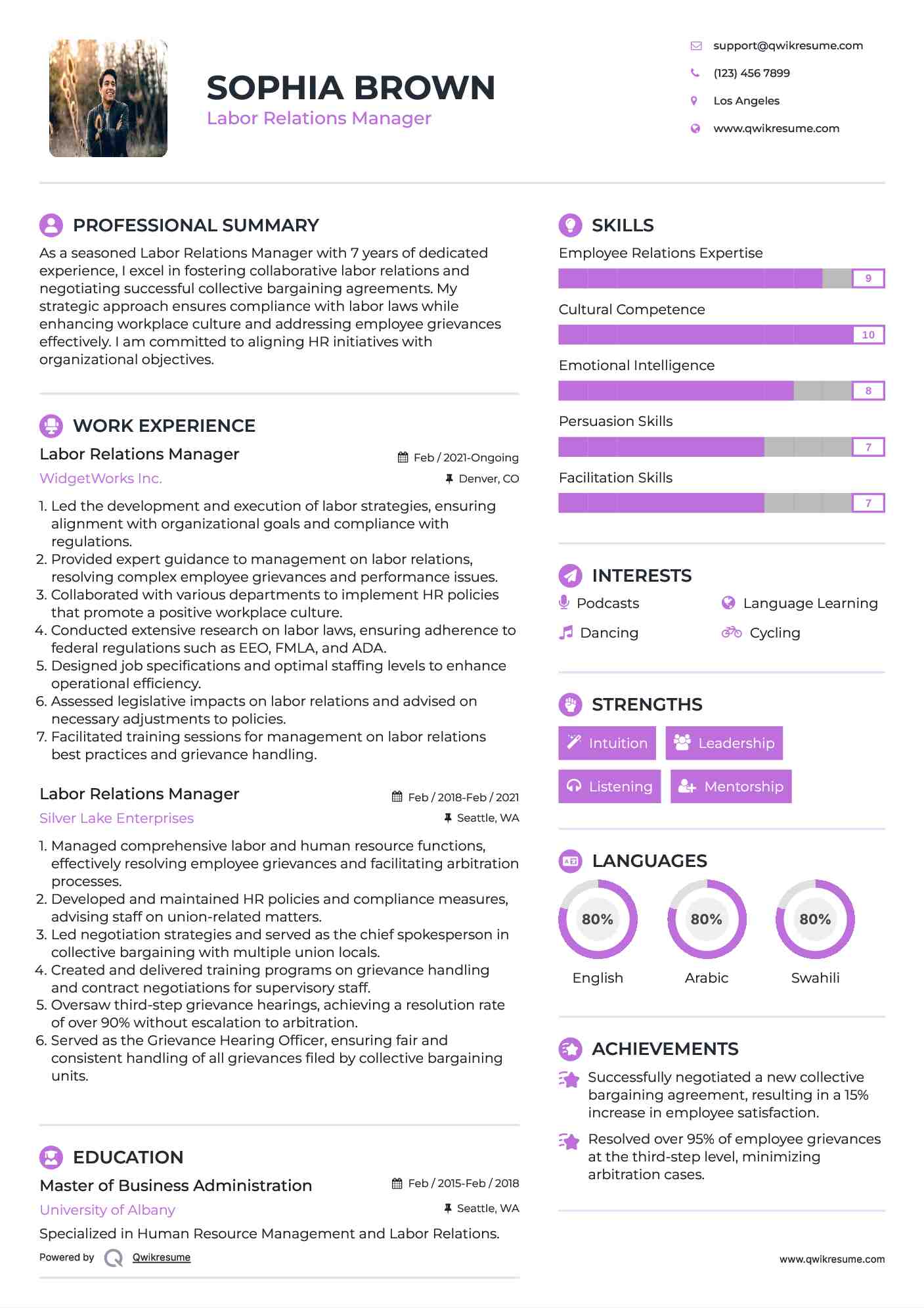 Labor Relations Manager Resume Sample