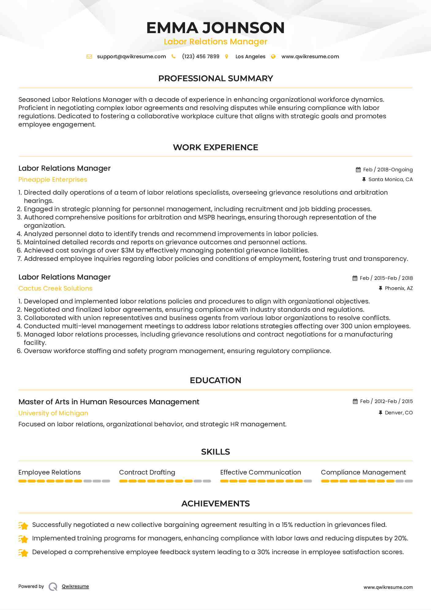 Labor Relations Manager Resume Sample