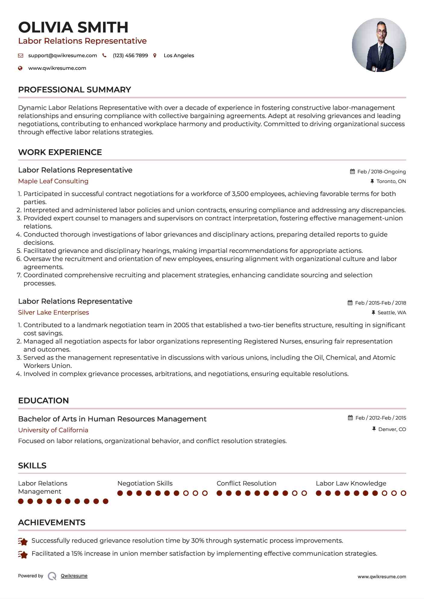 Labor Relations Representative Resume Model