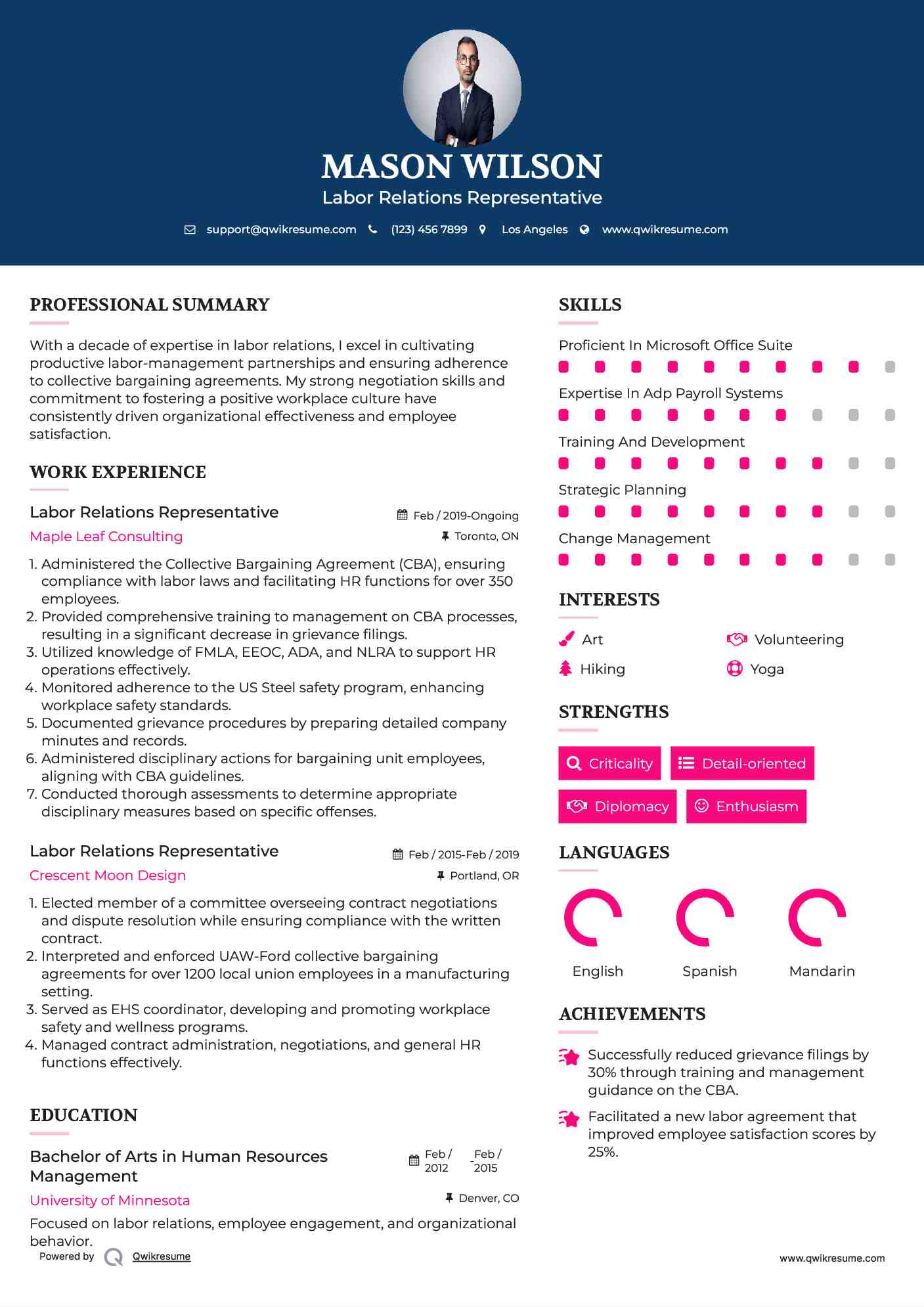 Labor Relations Representative Resume Sample