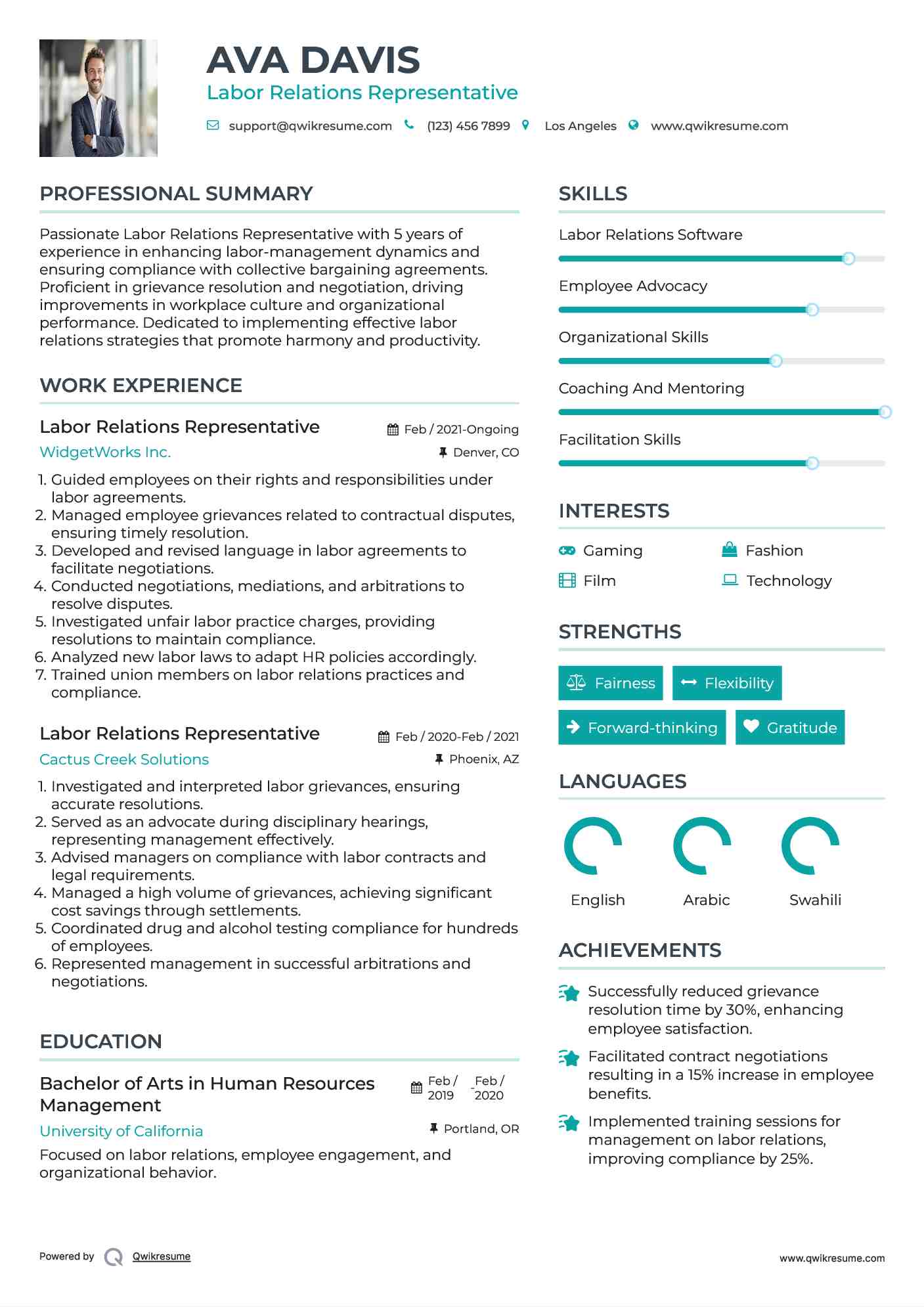 Labor Relations Representative Resume Format