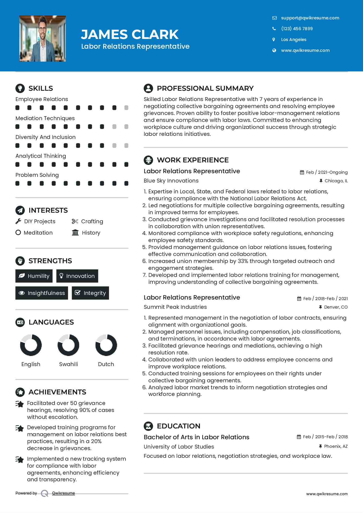 Labor Relations Representative Resume Sample