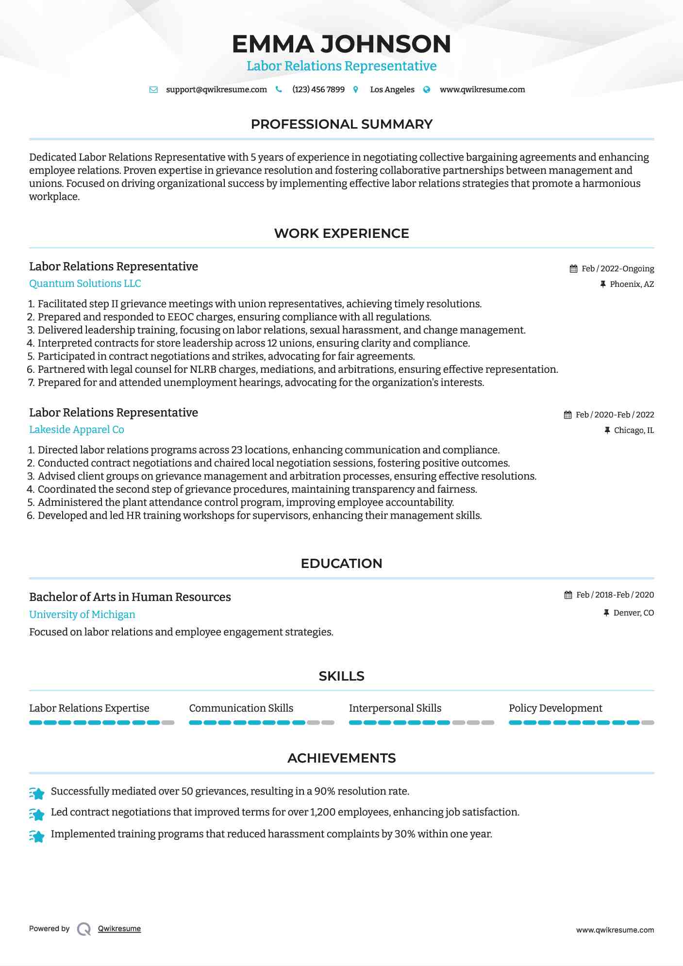 Labor Relations Representative Resume Format
