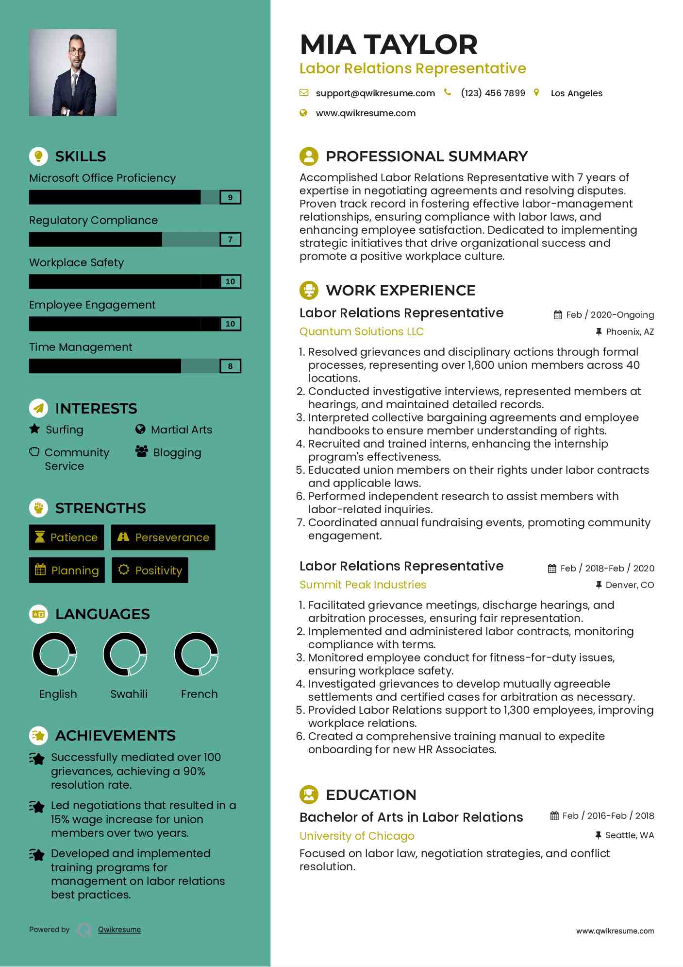 Labor Relations Representative Resume Format