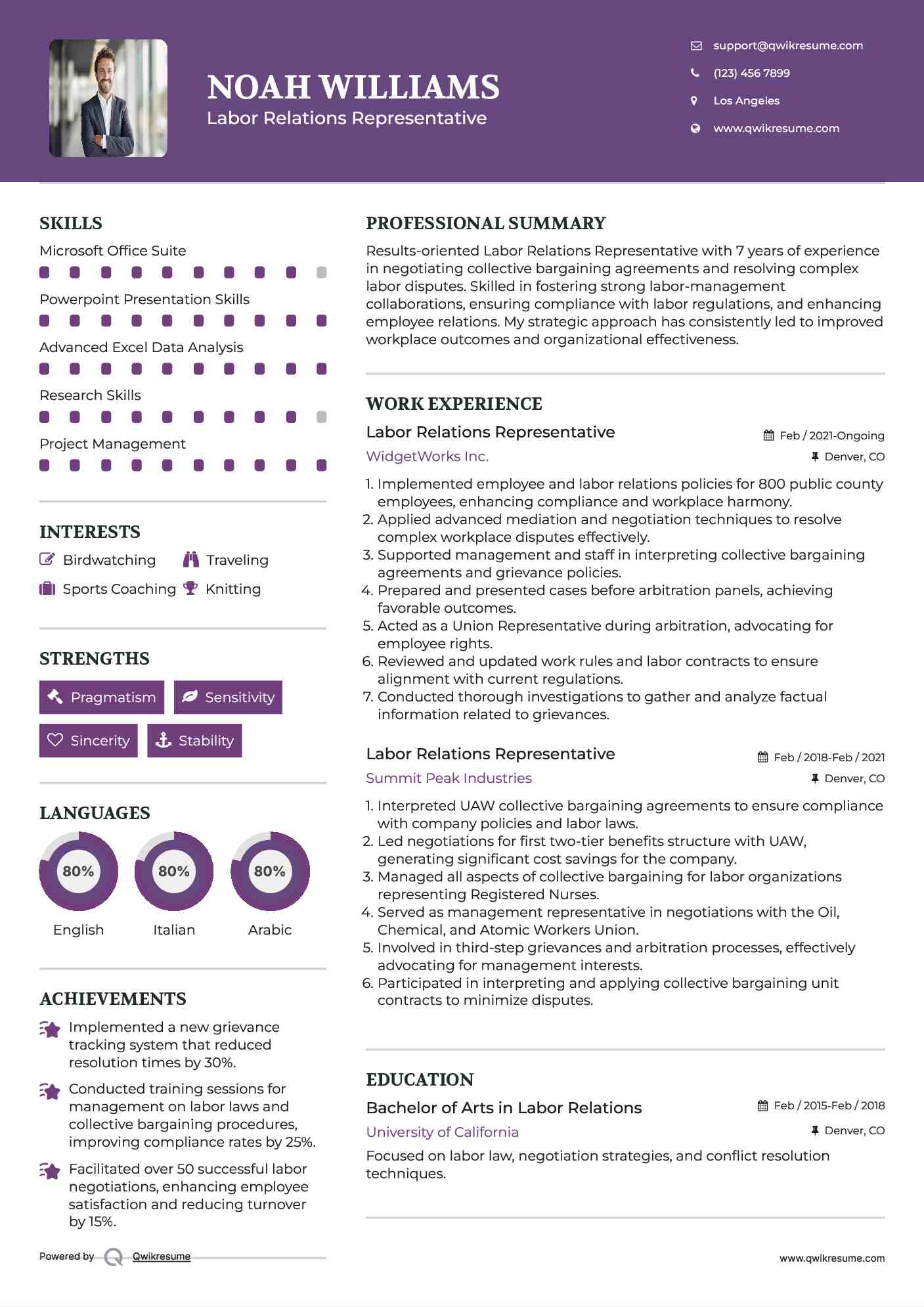 Labor Relations Representative Resume Example