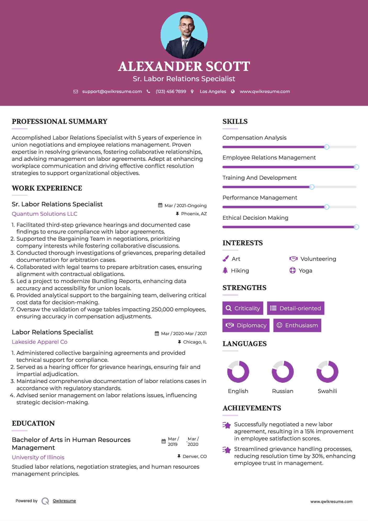 Sr. Labor Relations Specialist Resume Example