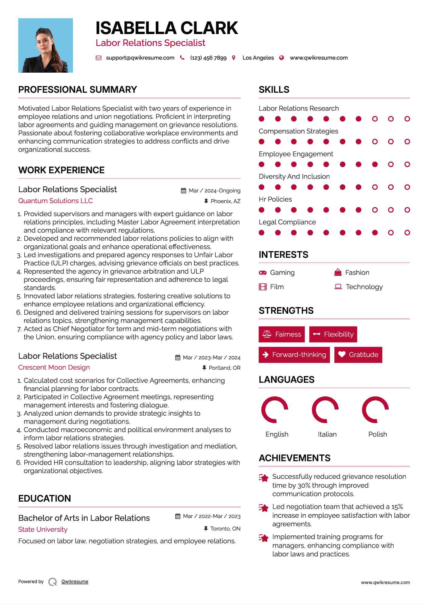 Labor Relations Specialist Resume Model