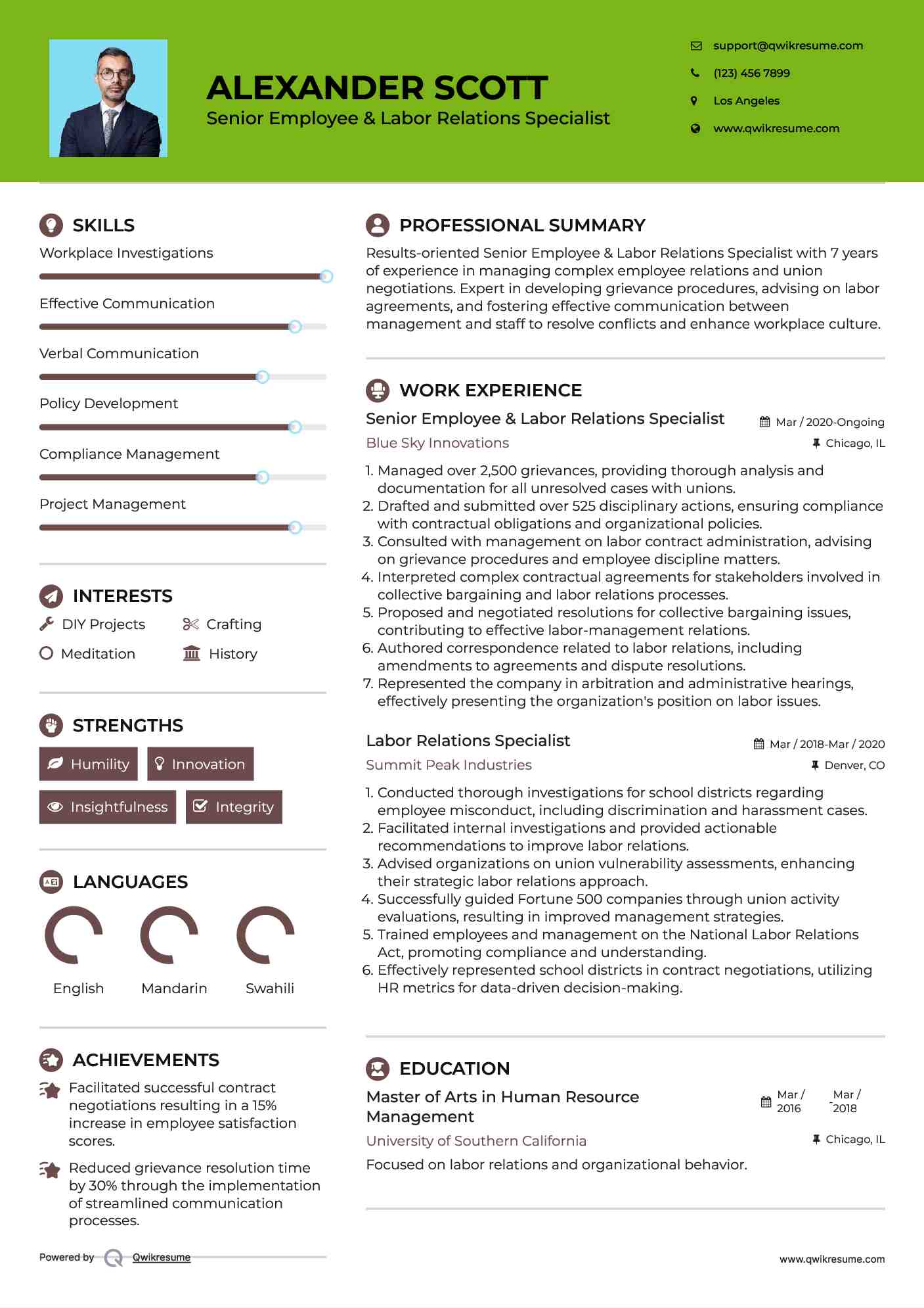 Senior Employee & Labor Relations Specialist Resume Model