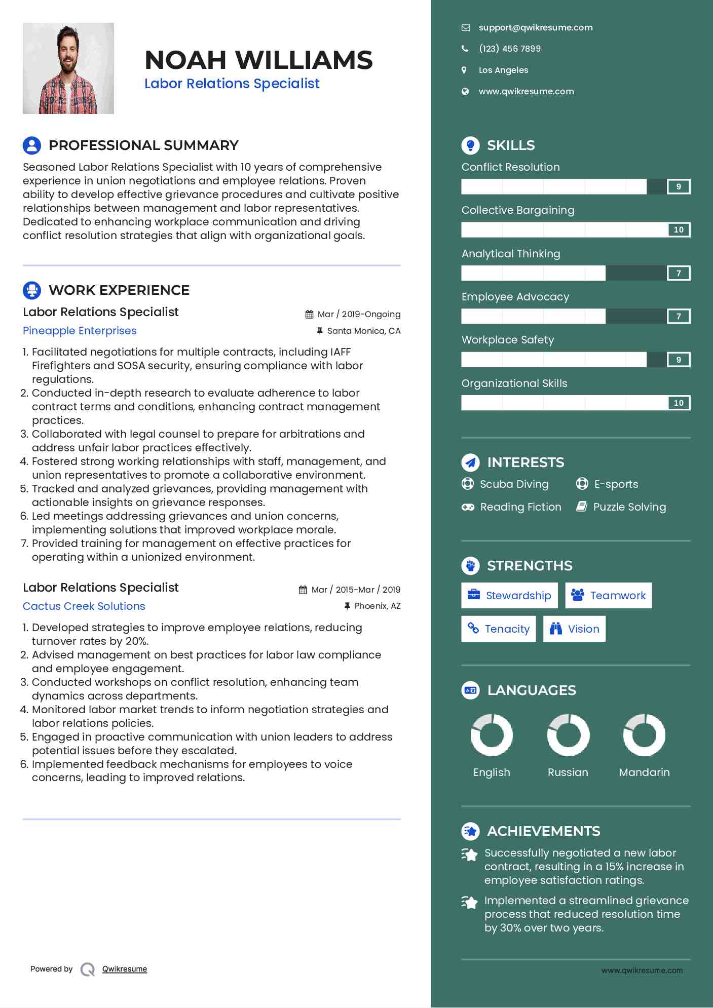 Labor Relations Specialist Resume Sample
