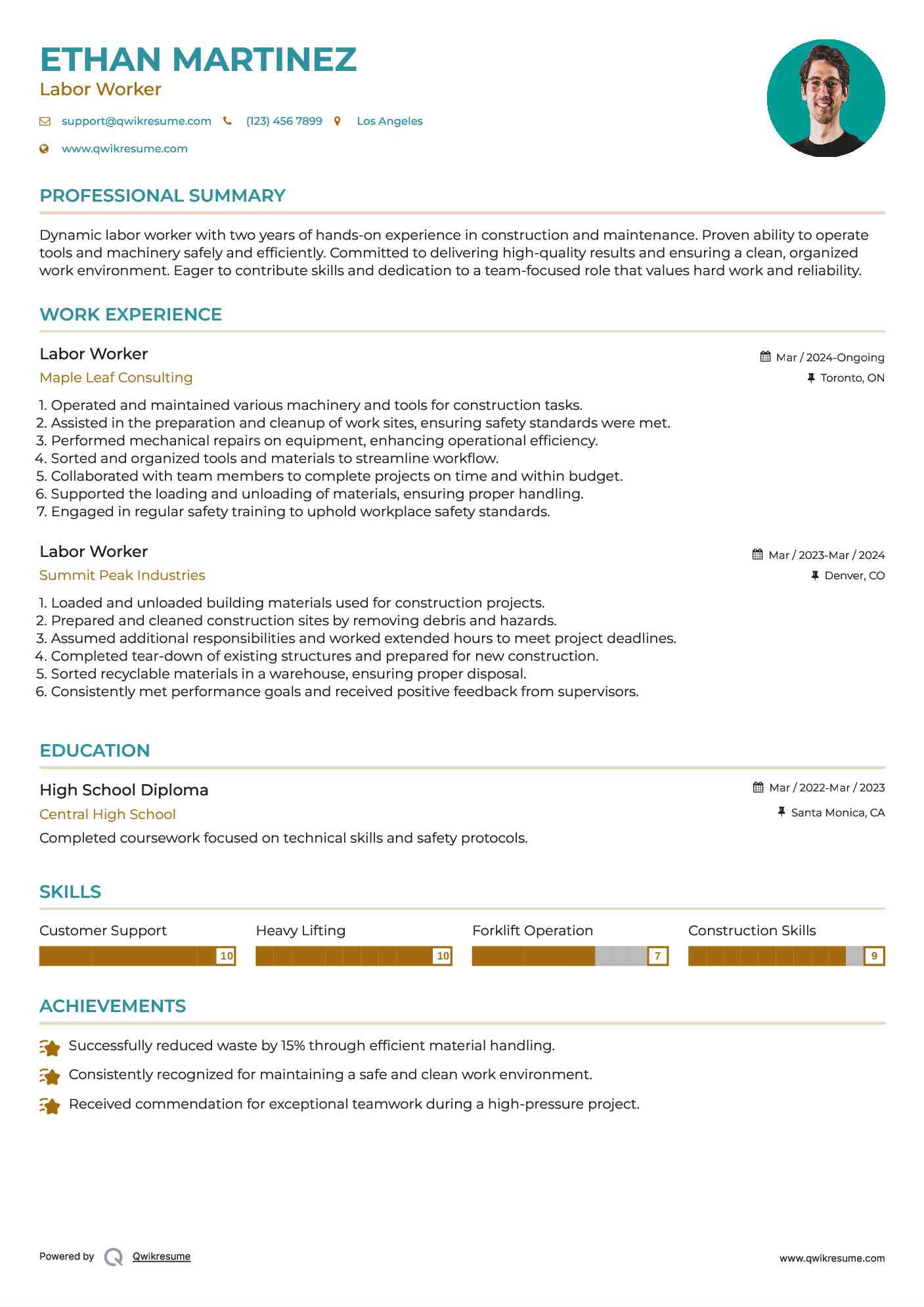 Labor Worker Resume Template