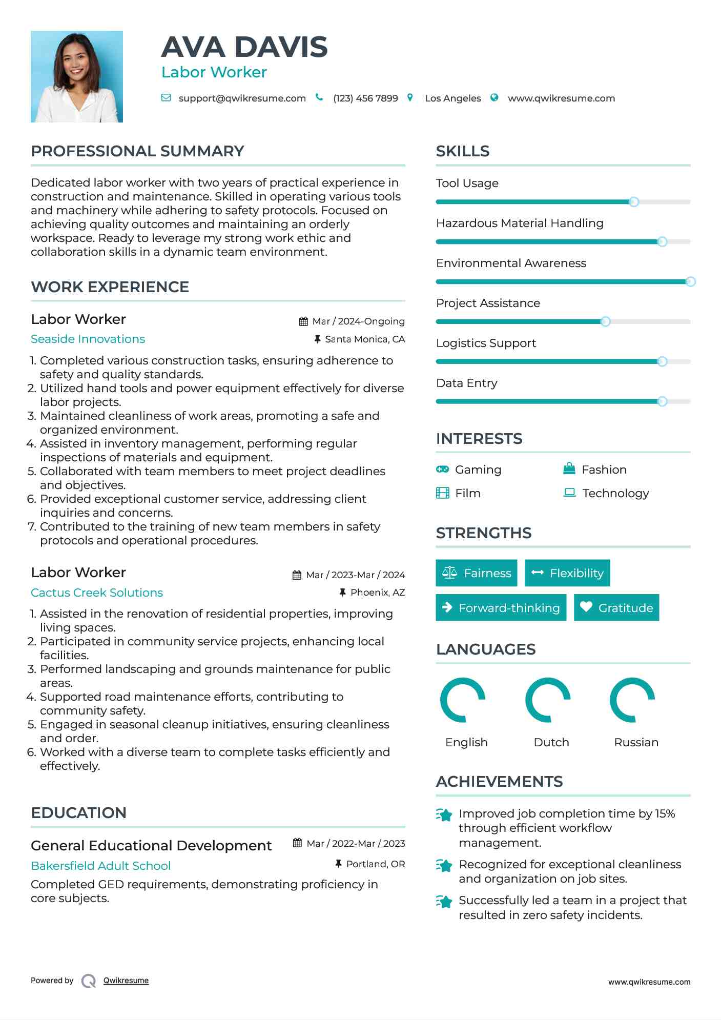 Labor Worker Resume Example