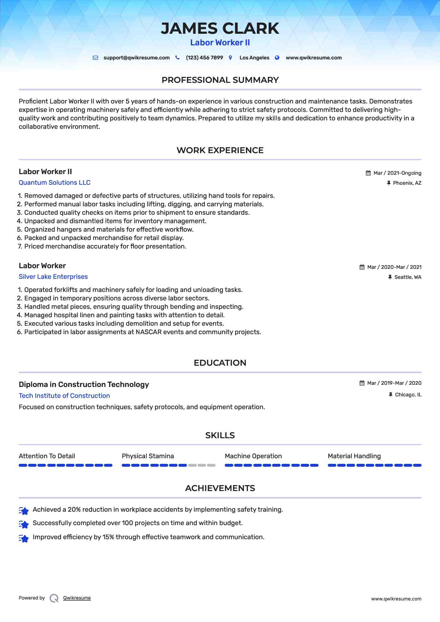 Labor Worker II Resume Example