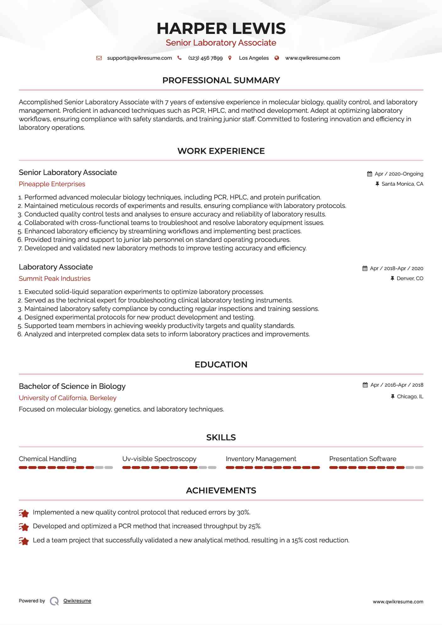 Senior Laboratory Associate Resume Format