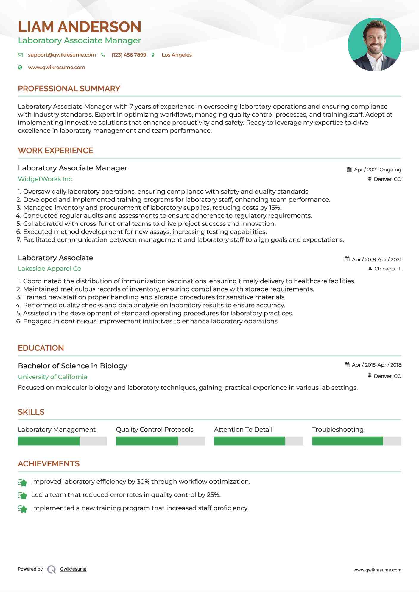 Laboratory Associate Manager Resume Model