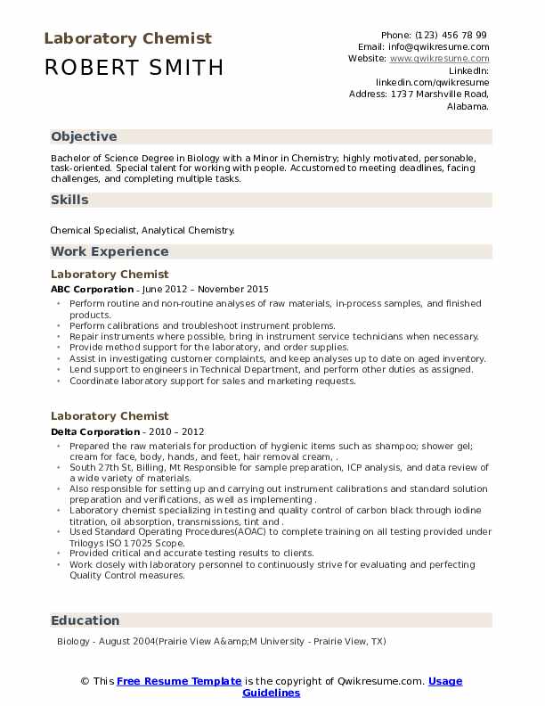 Laboratory Chemist Resume Samples QwikResume