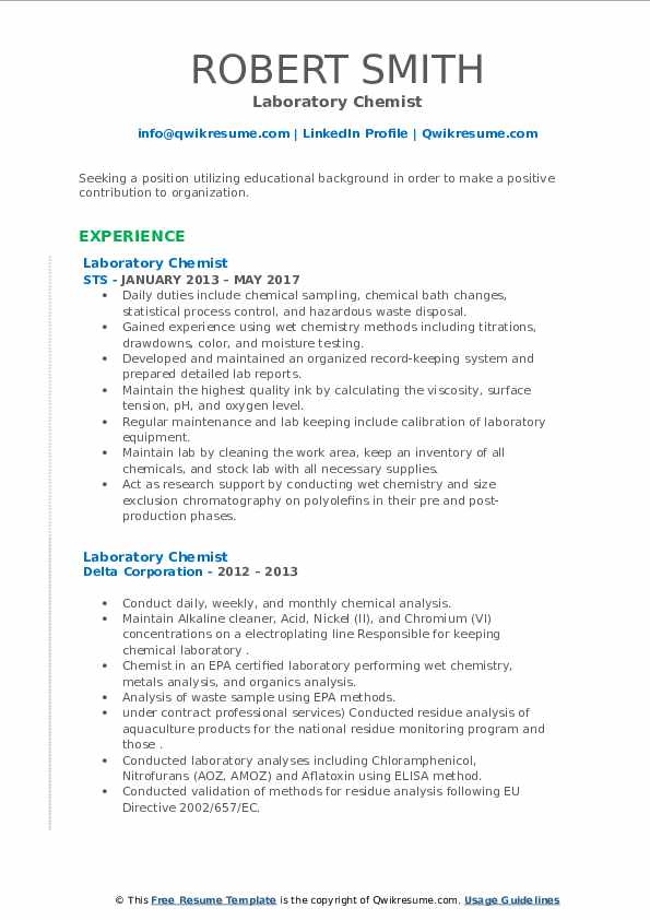 Laboratory Chemist Resume Samples QwikResume