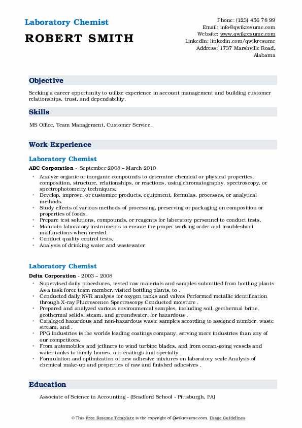 Laboratory Chemist Resume Samples QwikResume
