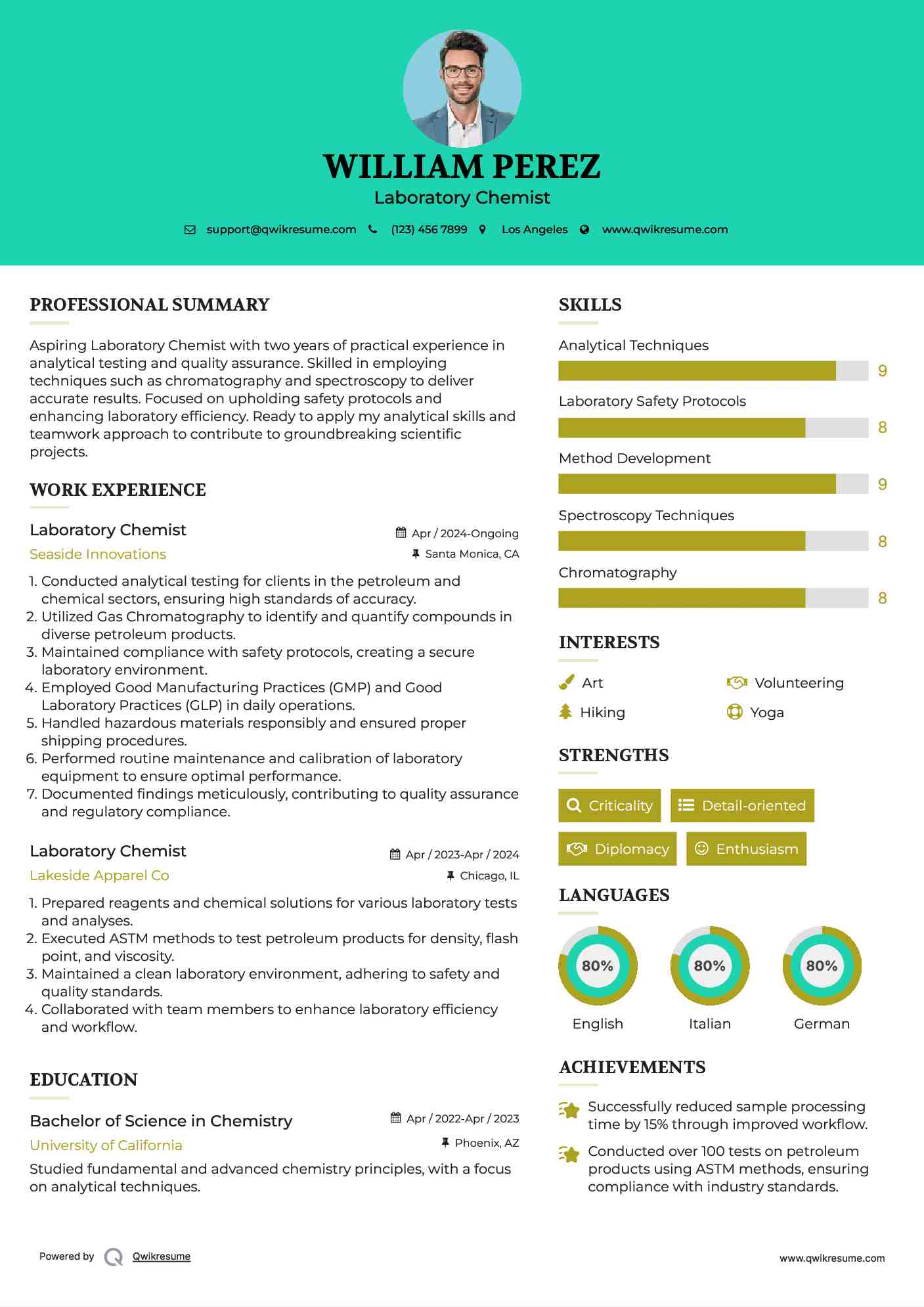 Laboratory Chemist Resume Sample