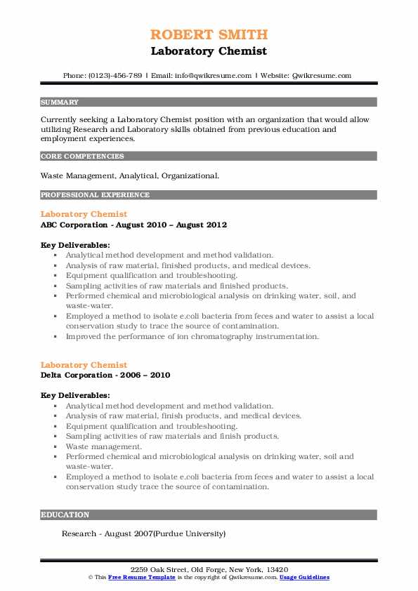 Laboratory Chemist Resume Samples QwikResume