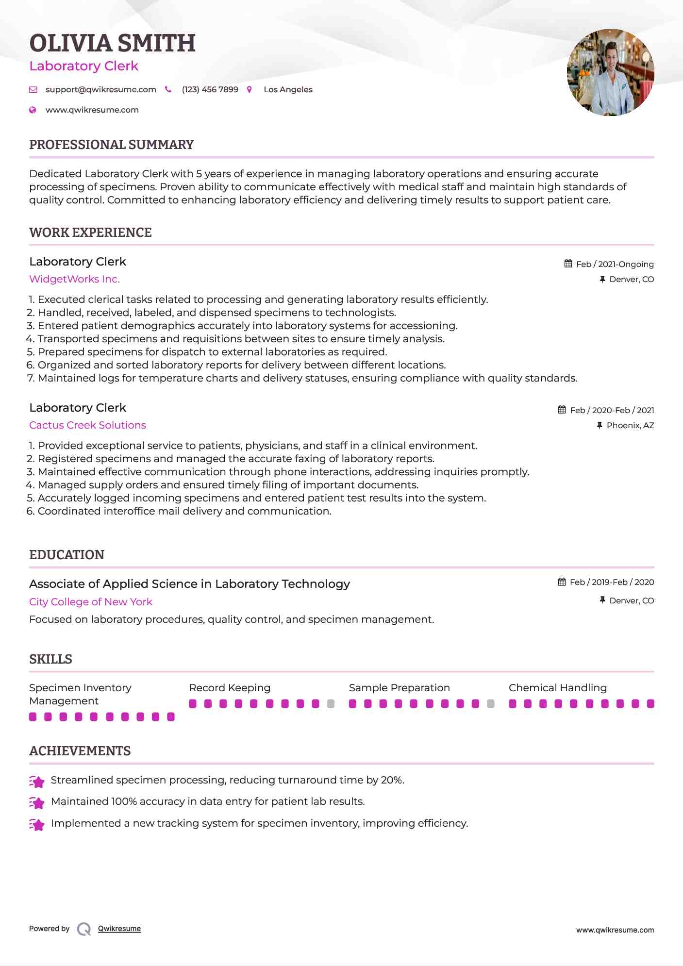 Laboratory Clerk Resume Format