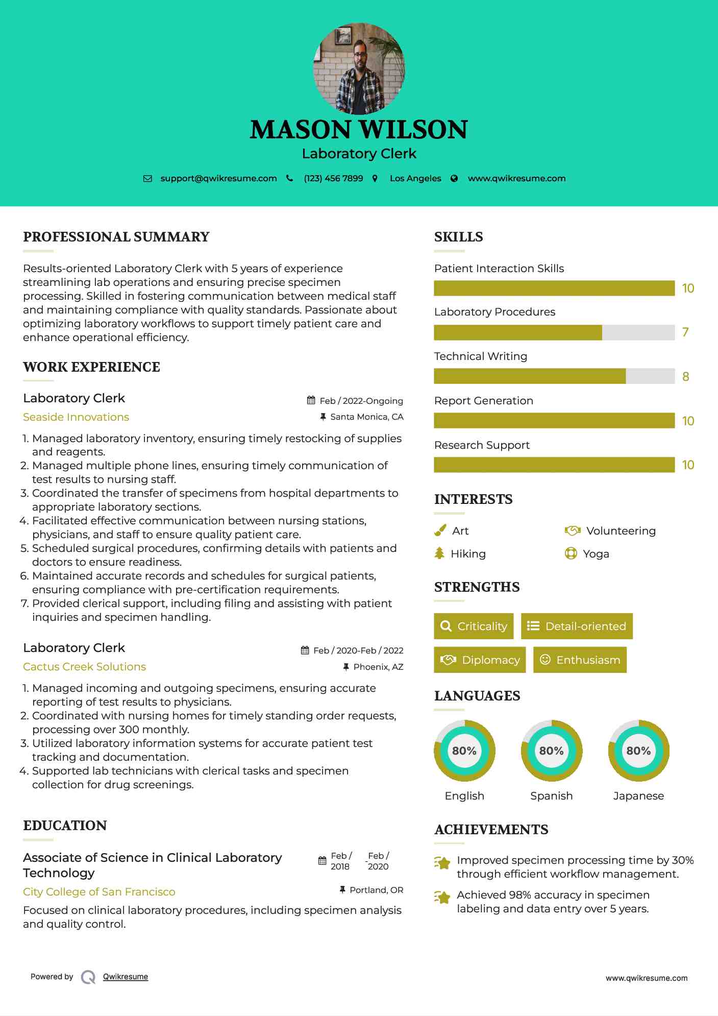 Laboratory Clerk Resume Example