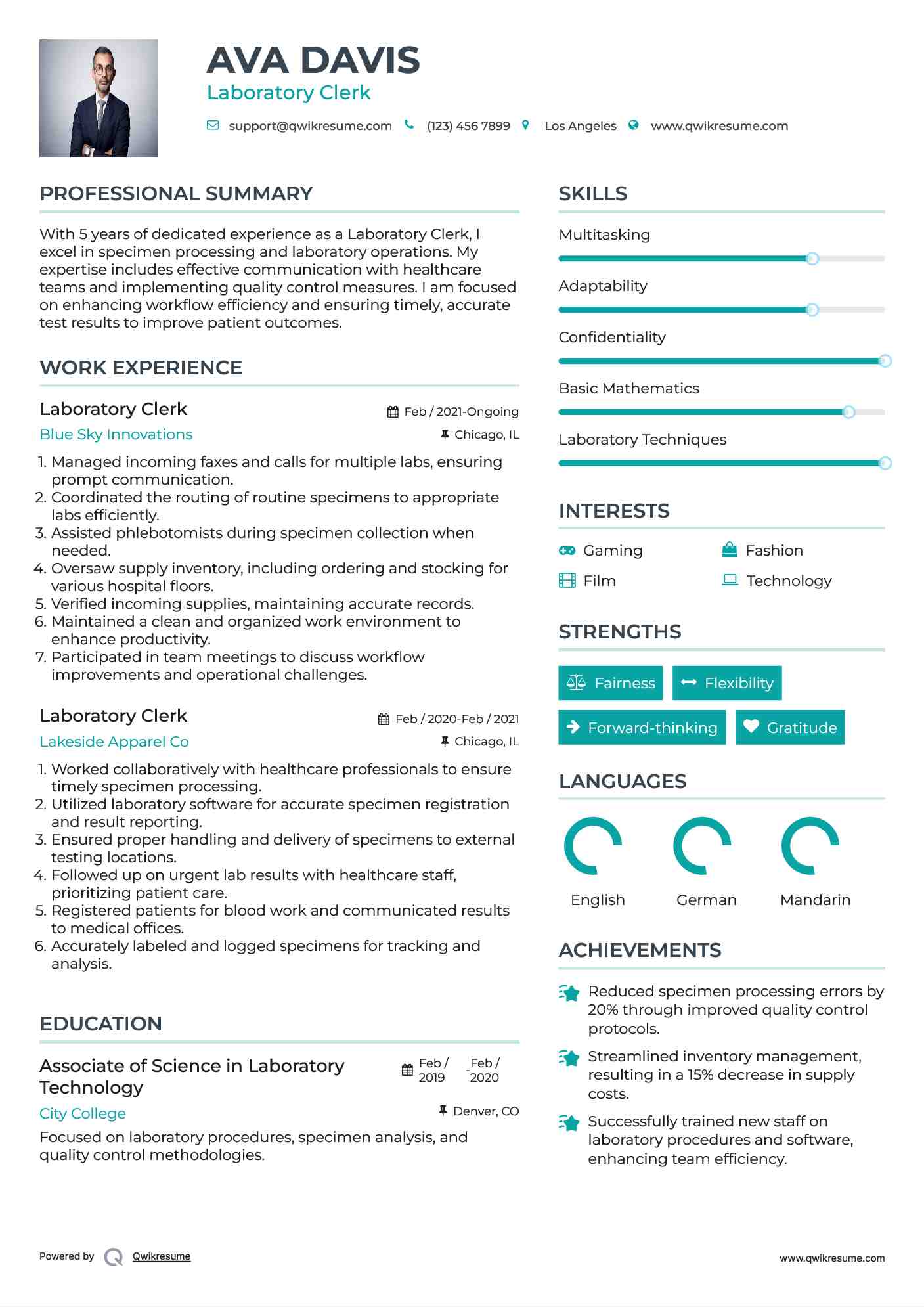Laboratory Clerk Resume Example