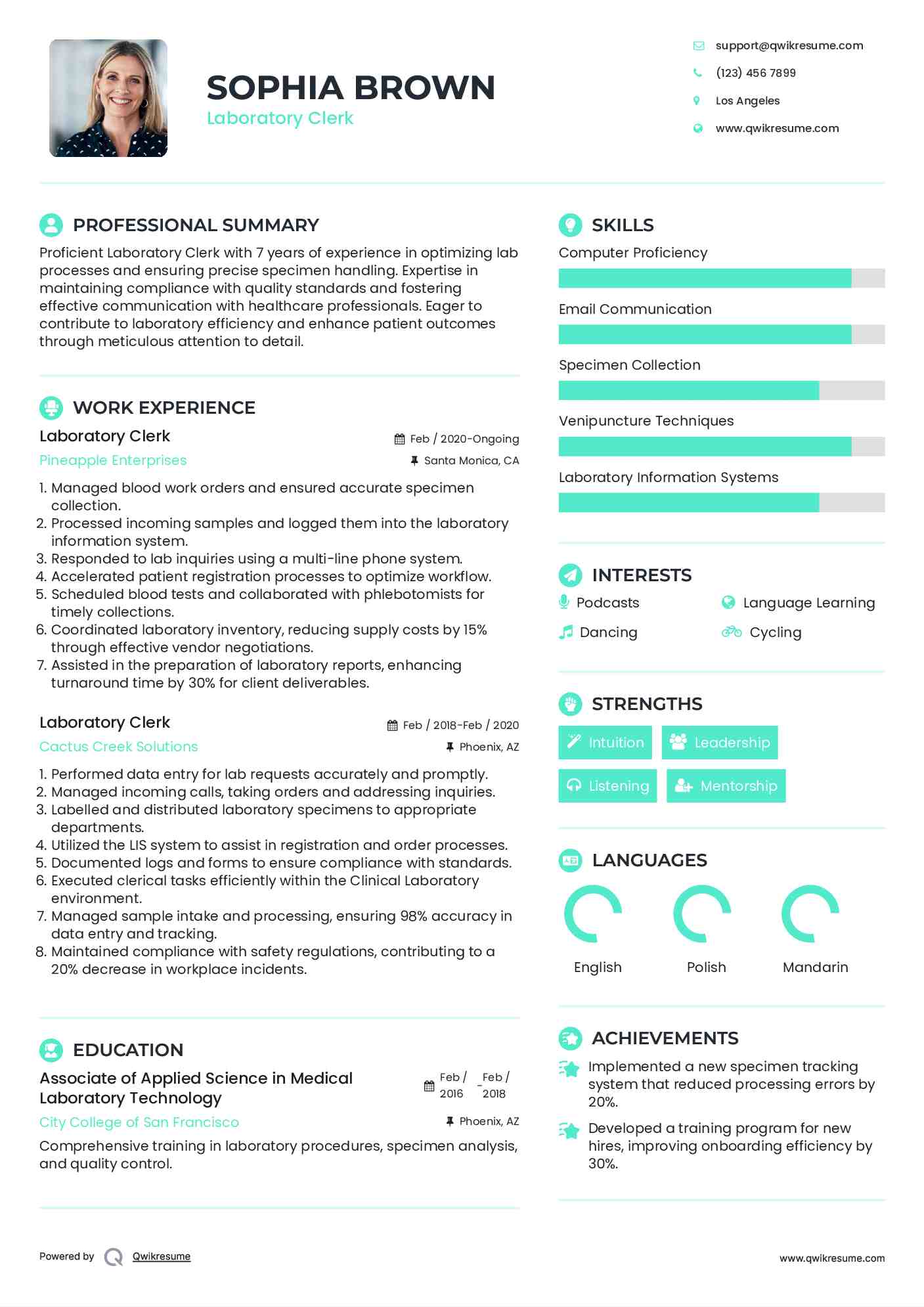 Laboratory Clerk Resume Example