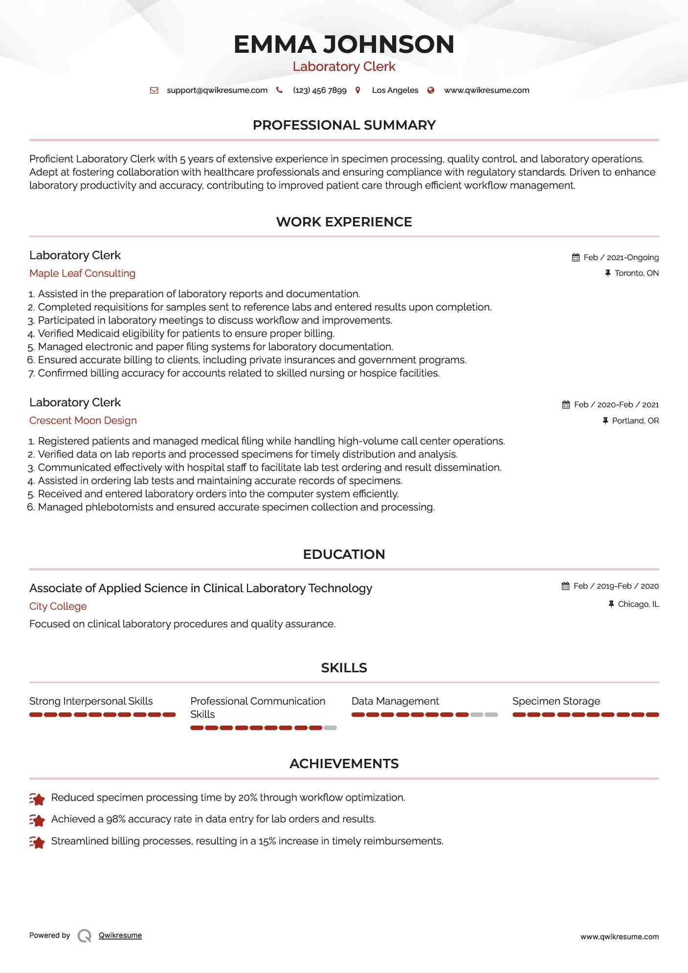 Laboratory Clerk Resume Sample
