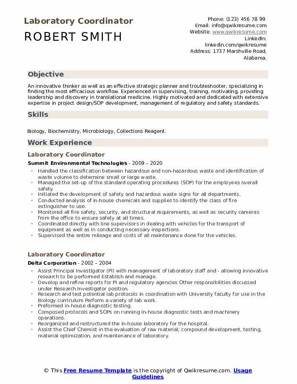 Laboratory Coordinator Resume Samples QwikResume