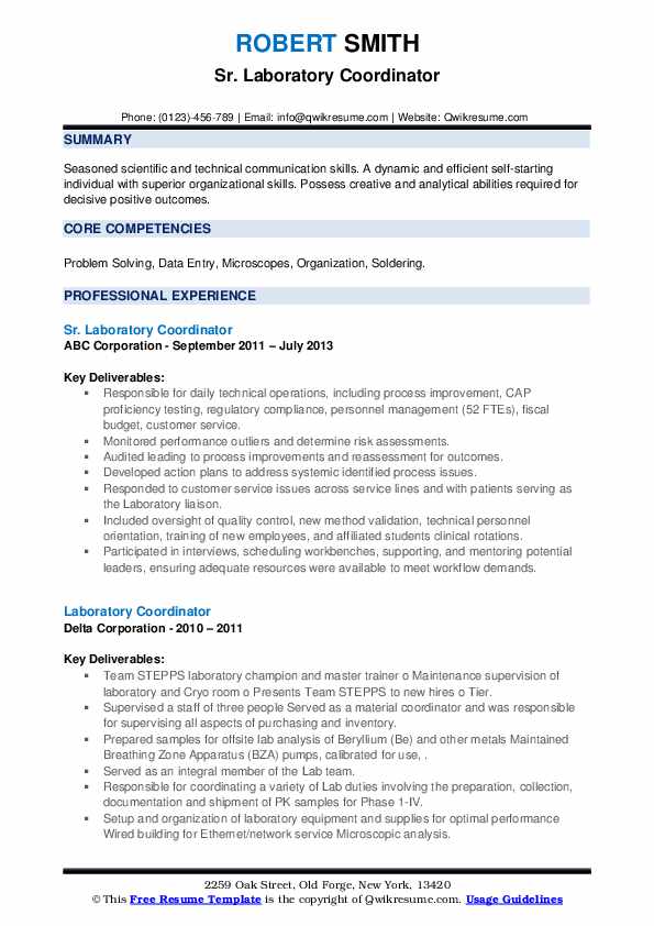 Laboratory Coordinator Resume Samples QwikResume