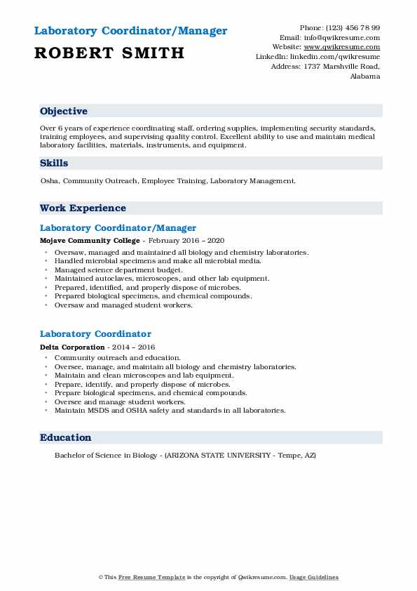 Laboratory Coordinator Resume Samples QwikResume