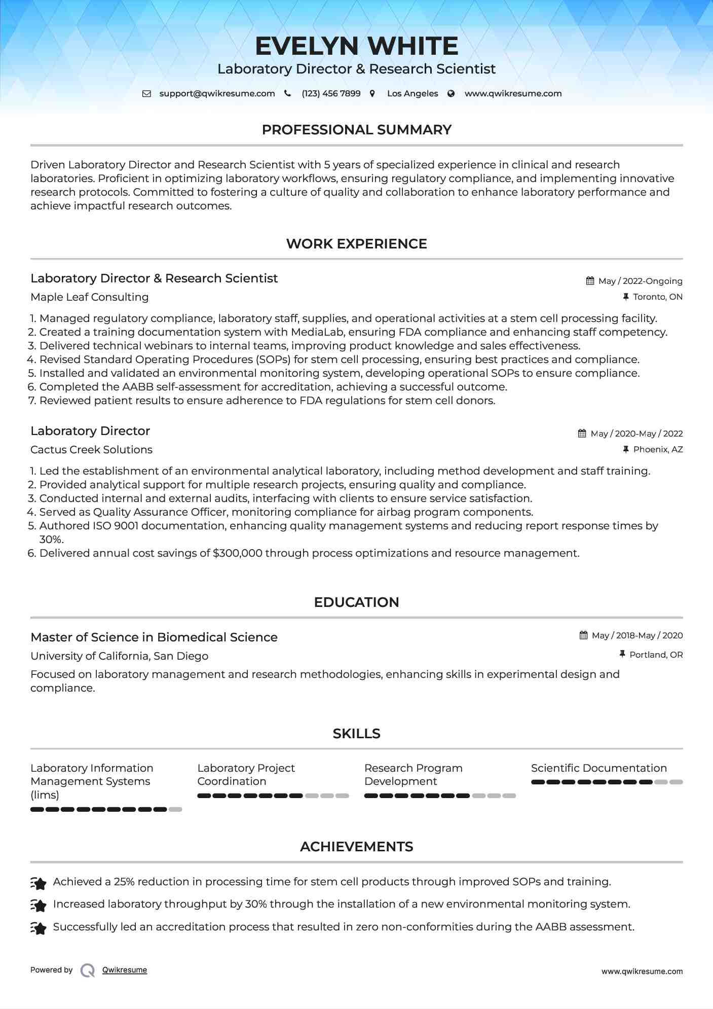 Laboratory Director & Research Scientist Resume Example