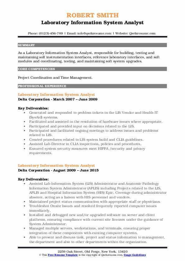 Laboratory Information System Analyst Resume Samples QwikResume