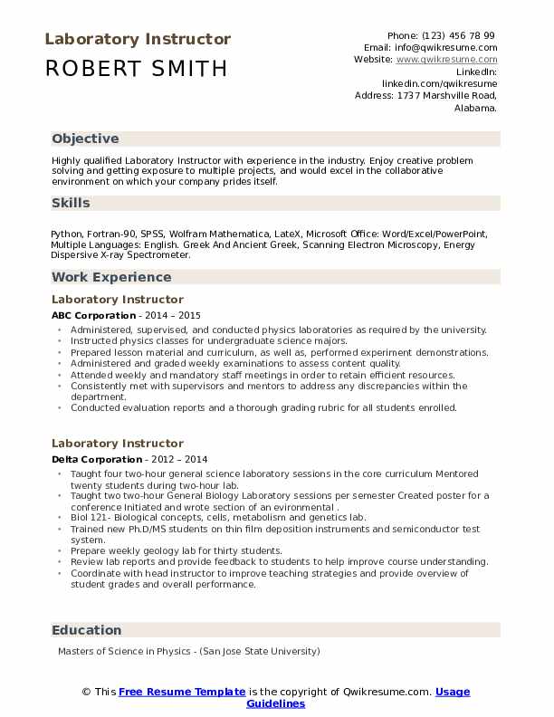 Laboratory Instructor Resume Samples QwikResume