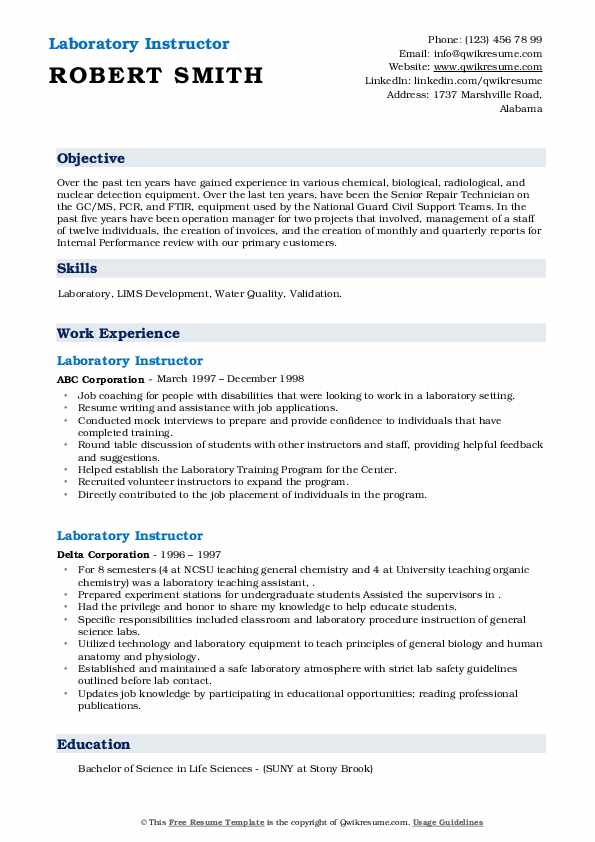 Laboratory Instructor Resume Samples QwikResume