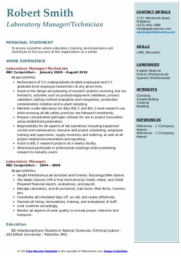 Laboratory Manager Resume Samples | QwikResume