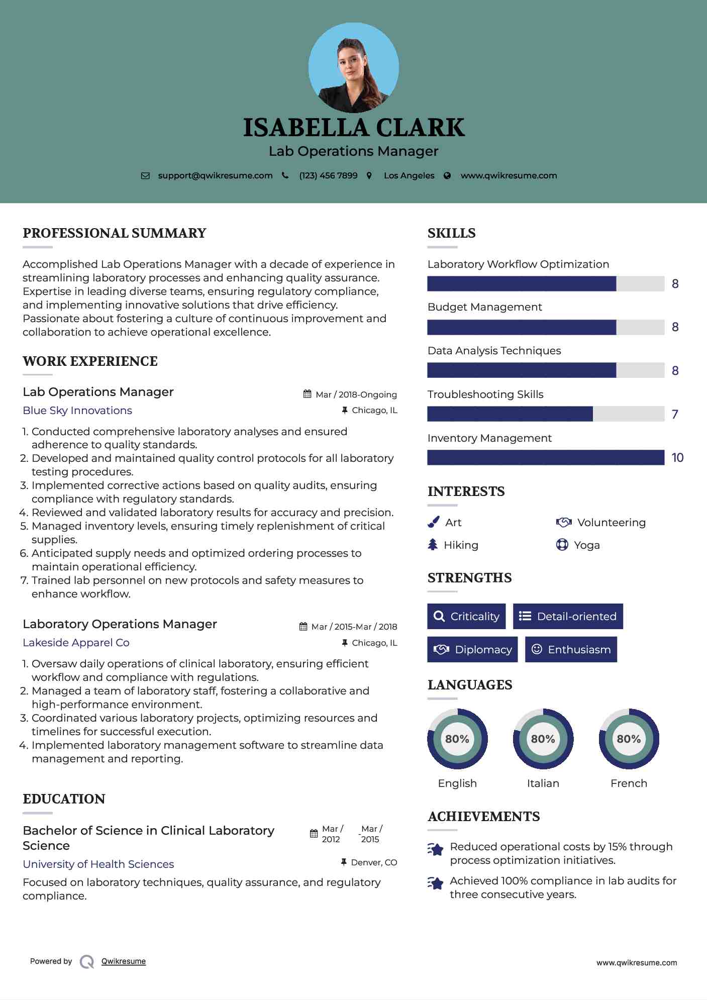 Lab Operations Manager Resume Sample