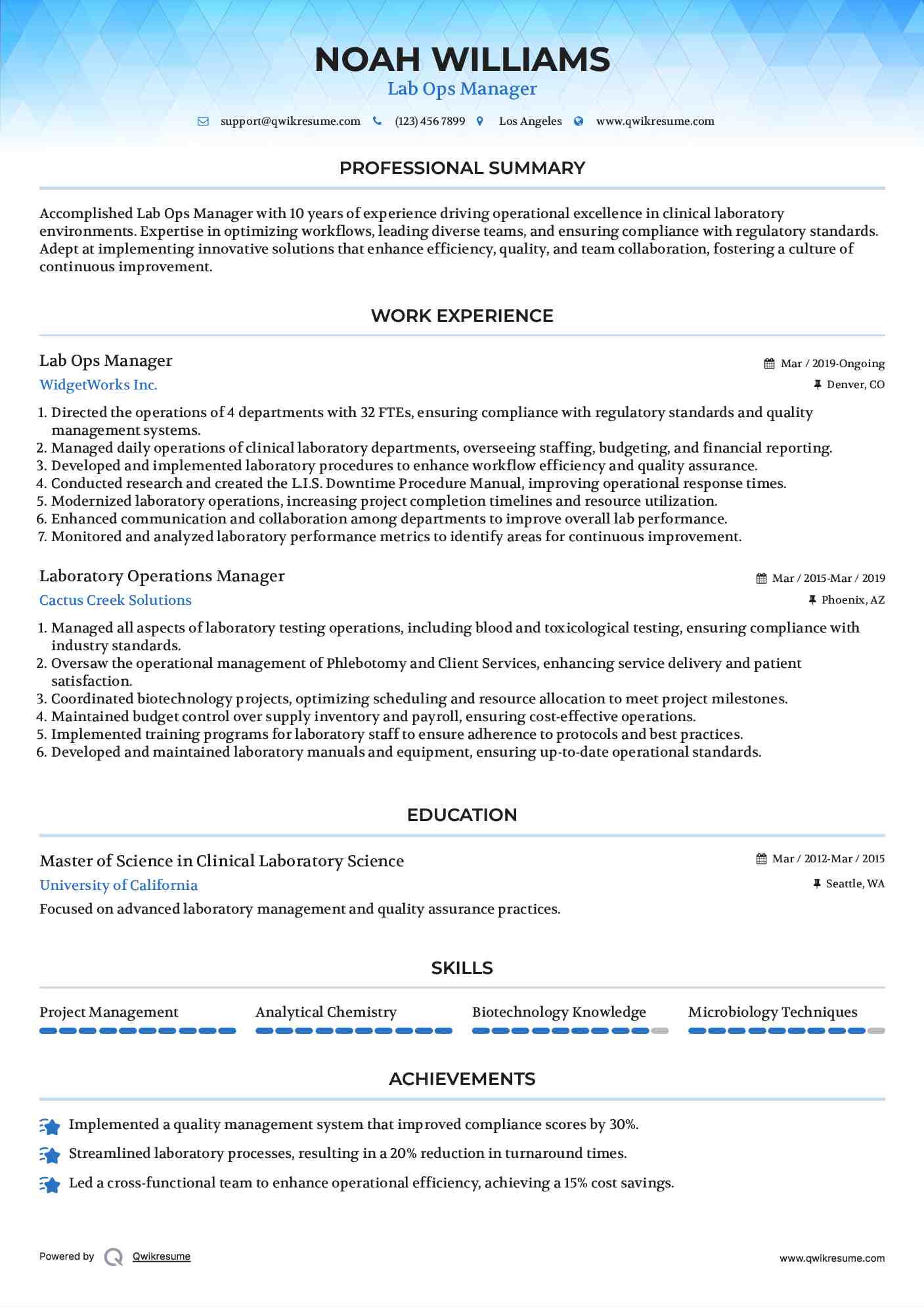 Lab Ops Manager Resume Example