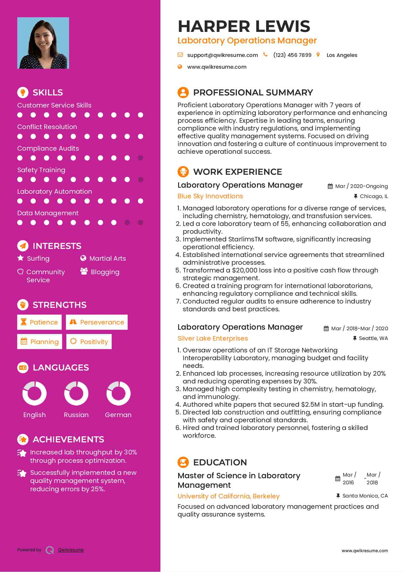 Laboratory Operations Manager Resume Samples QwikResume