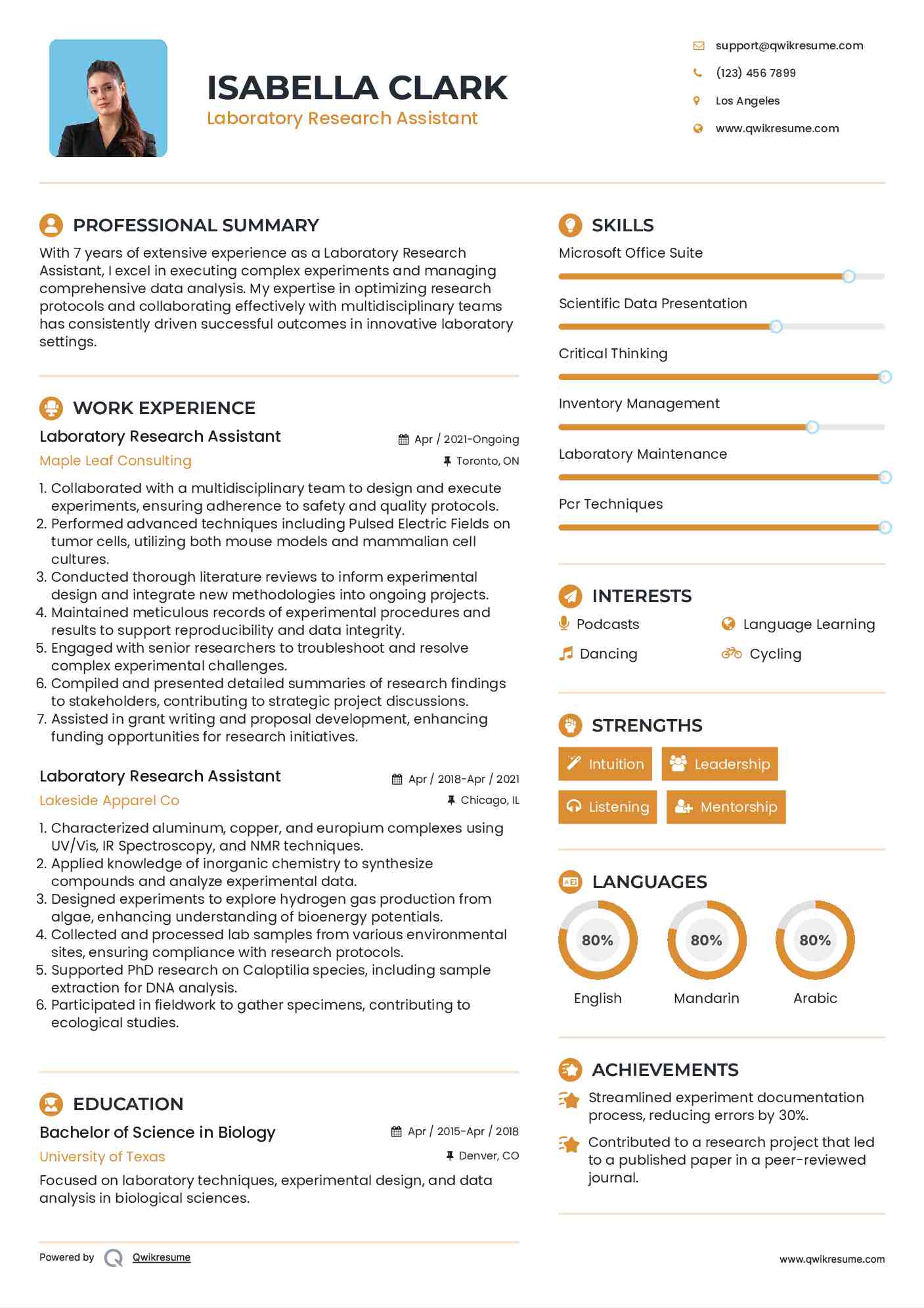 Laboratory Research Assistant Resume Sample