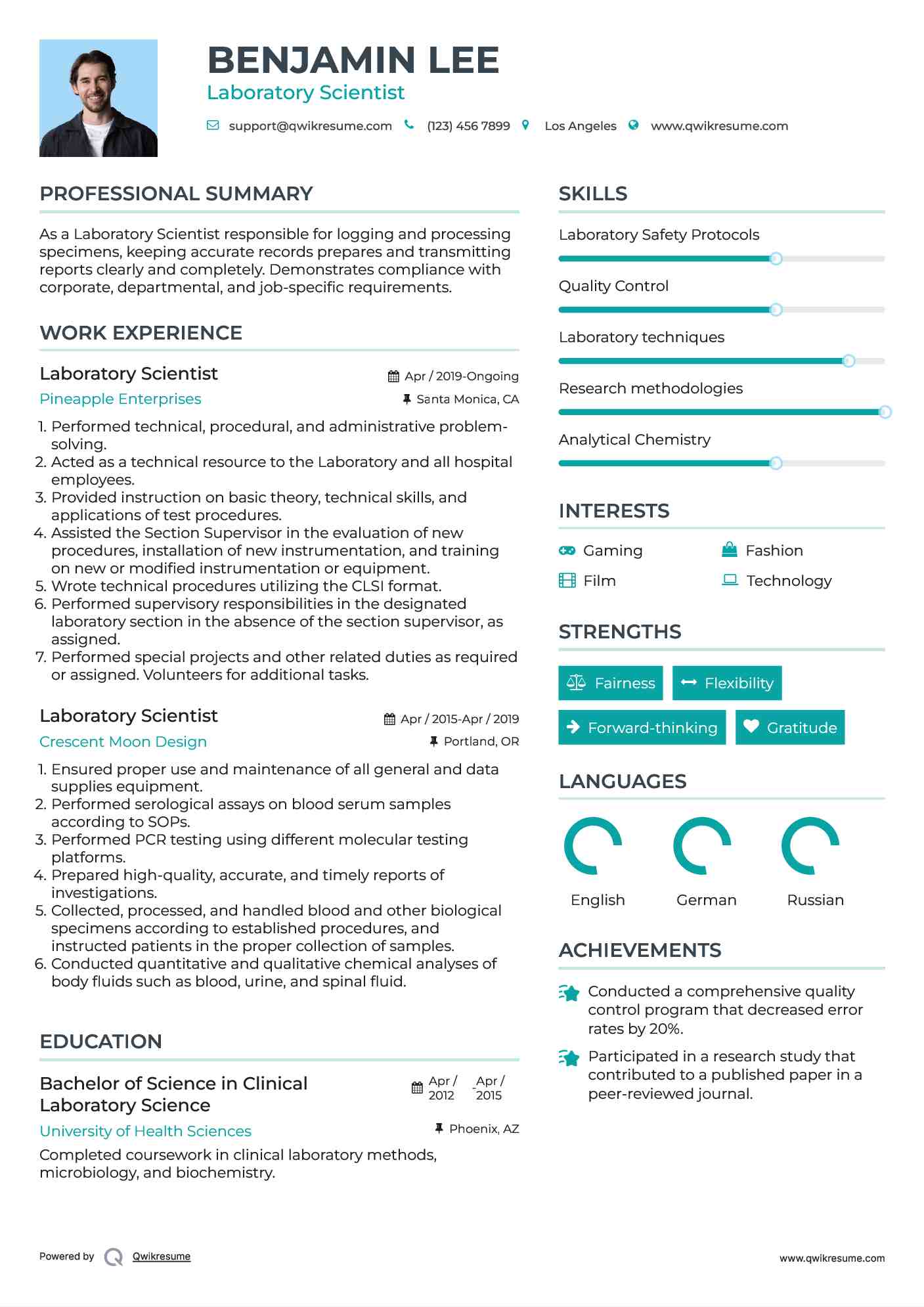 Laboratory Scientist Resume Sample