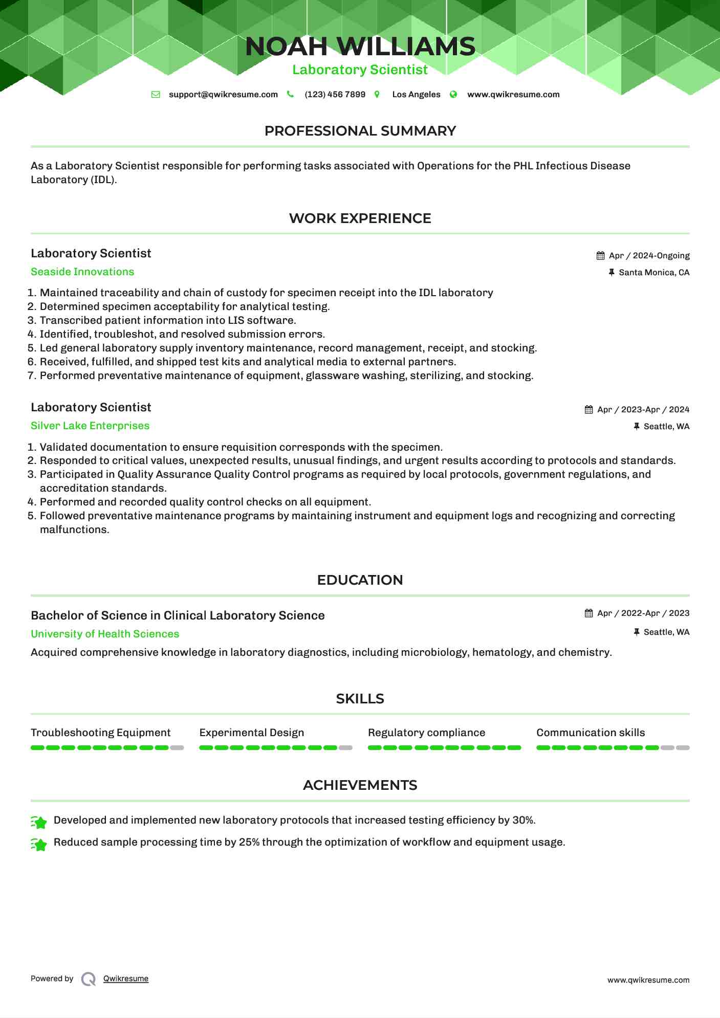 Laboratory Scientist Resume Sample