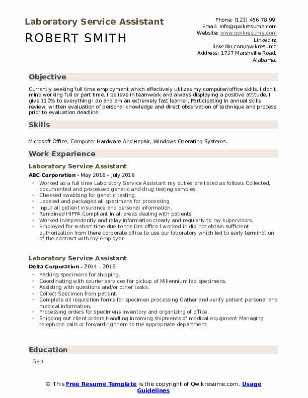 Laboratory Service Assistant Resume Samples QwikResume