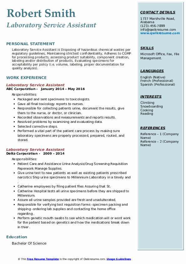 Laboratory Service Assistant Resume Samples QwikResume