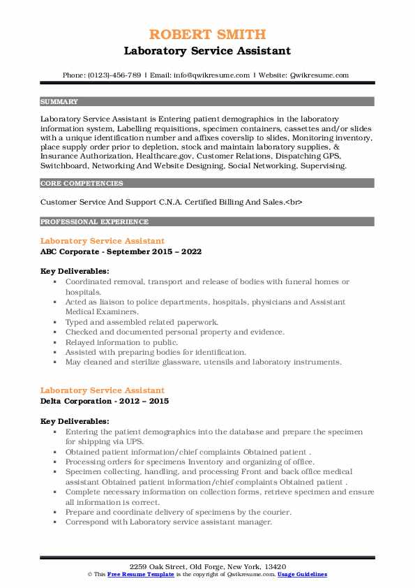 Laboratory Service Assistant Resume Samples QwikResume