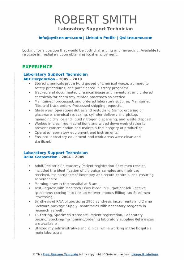 Laboratory Support Technician Resume Samples QwikResume