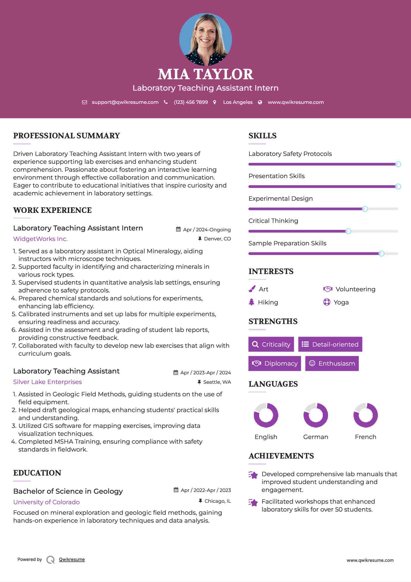Laboratory Teaching Assistant Intern Resume Template