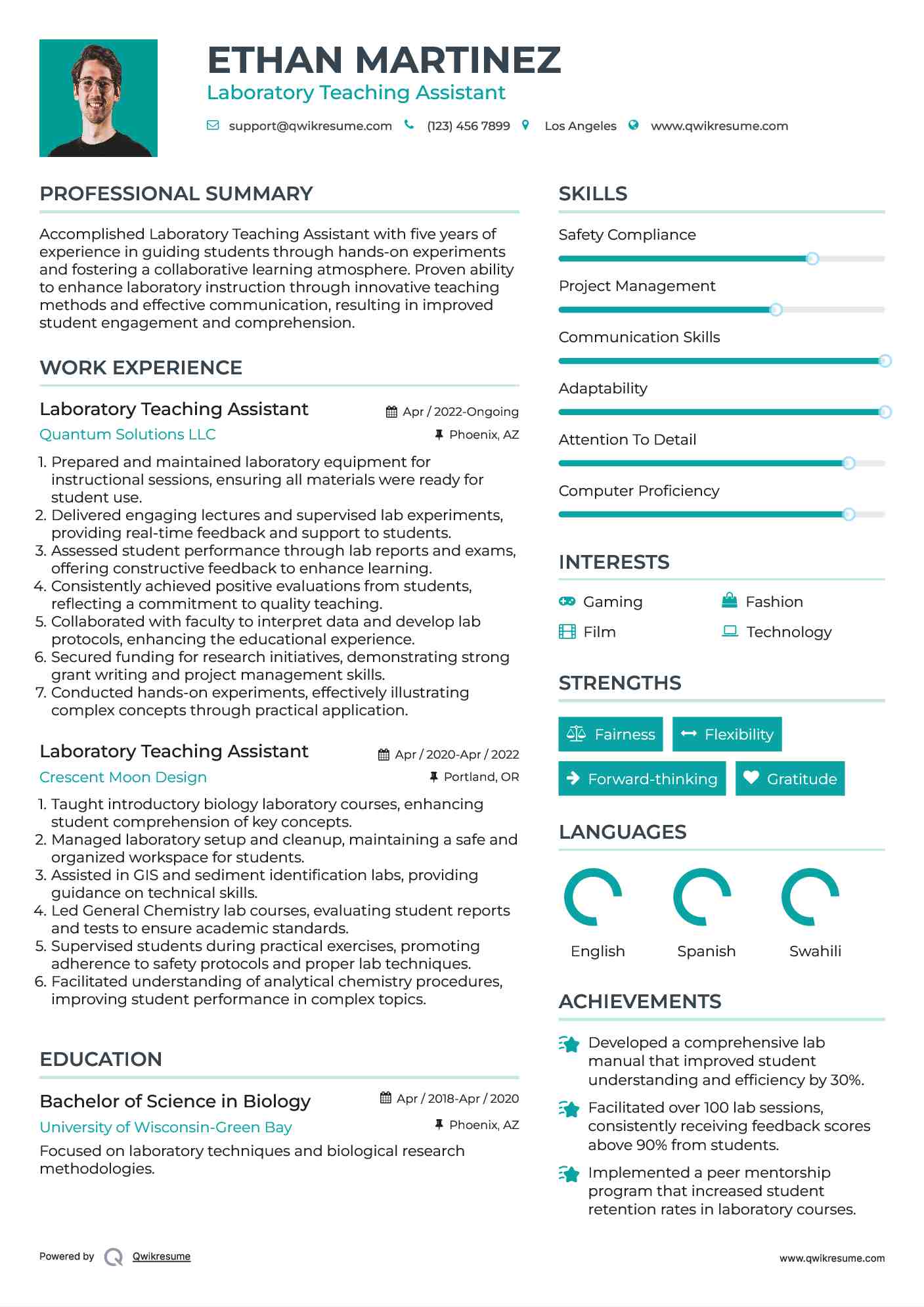 Laboratory Teaching Assistant Resume Format
