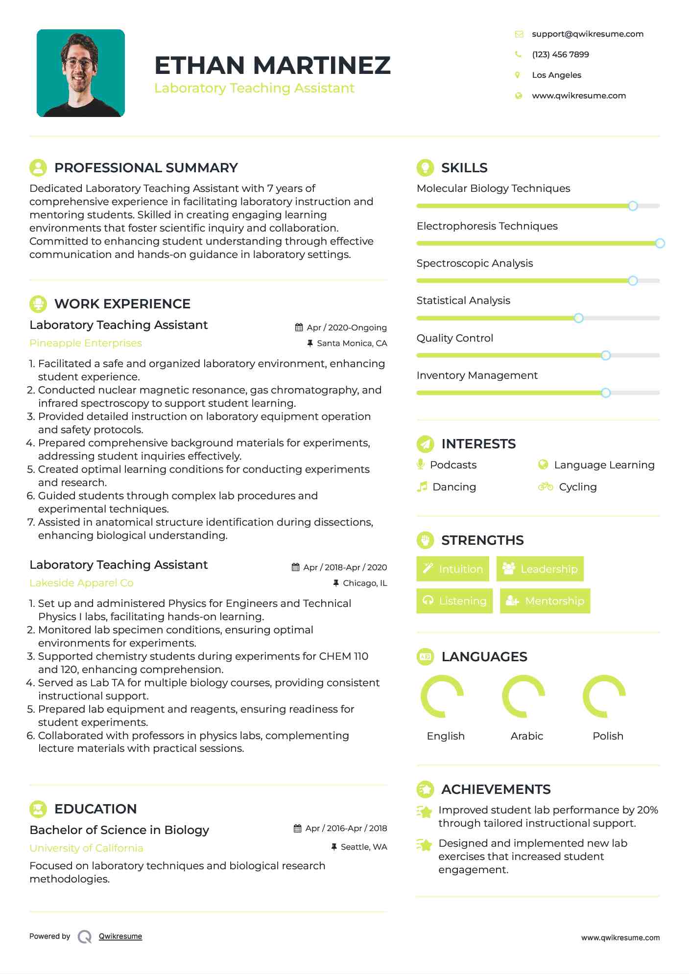 Laboratory Teaching Assistant Resume Example